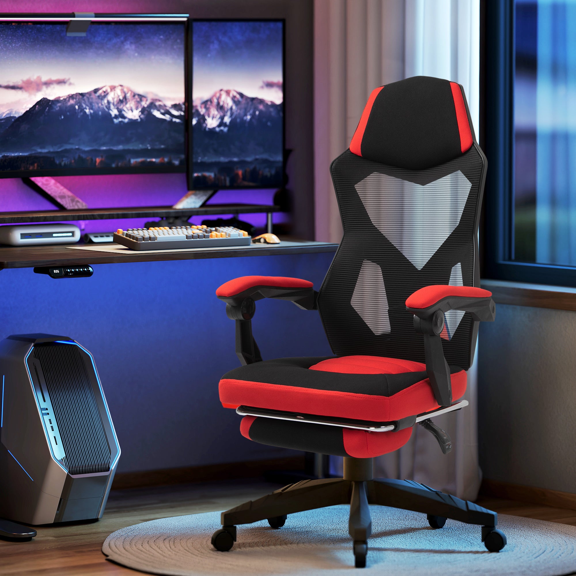 Sedia da Gaming Ergonomica e Reclinabile 58x63x112-122 cm in Tessuto a Rete Nero e Rosso