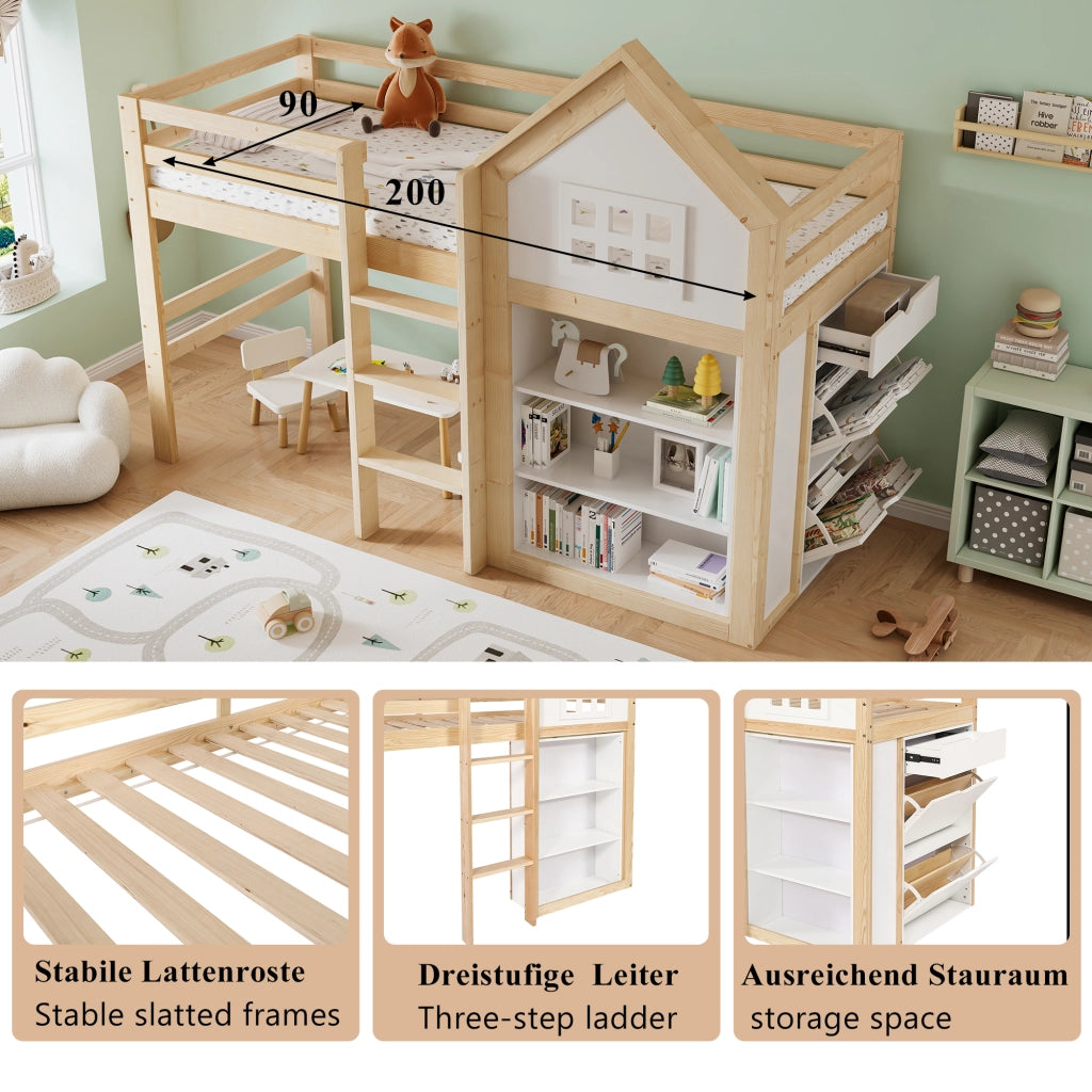 Letto a Soppalco 90 x 200 cm - 3 Cassetti e Vani Contenitore - in Legno - Bianco