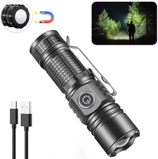 Zaklamp tattico mini con clip e magneti - 5 modalità, 2000 lumen, zoomabile e impermeabile - per emergenze, blackout, campeggio, escursioni