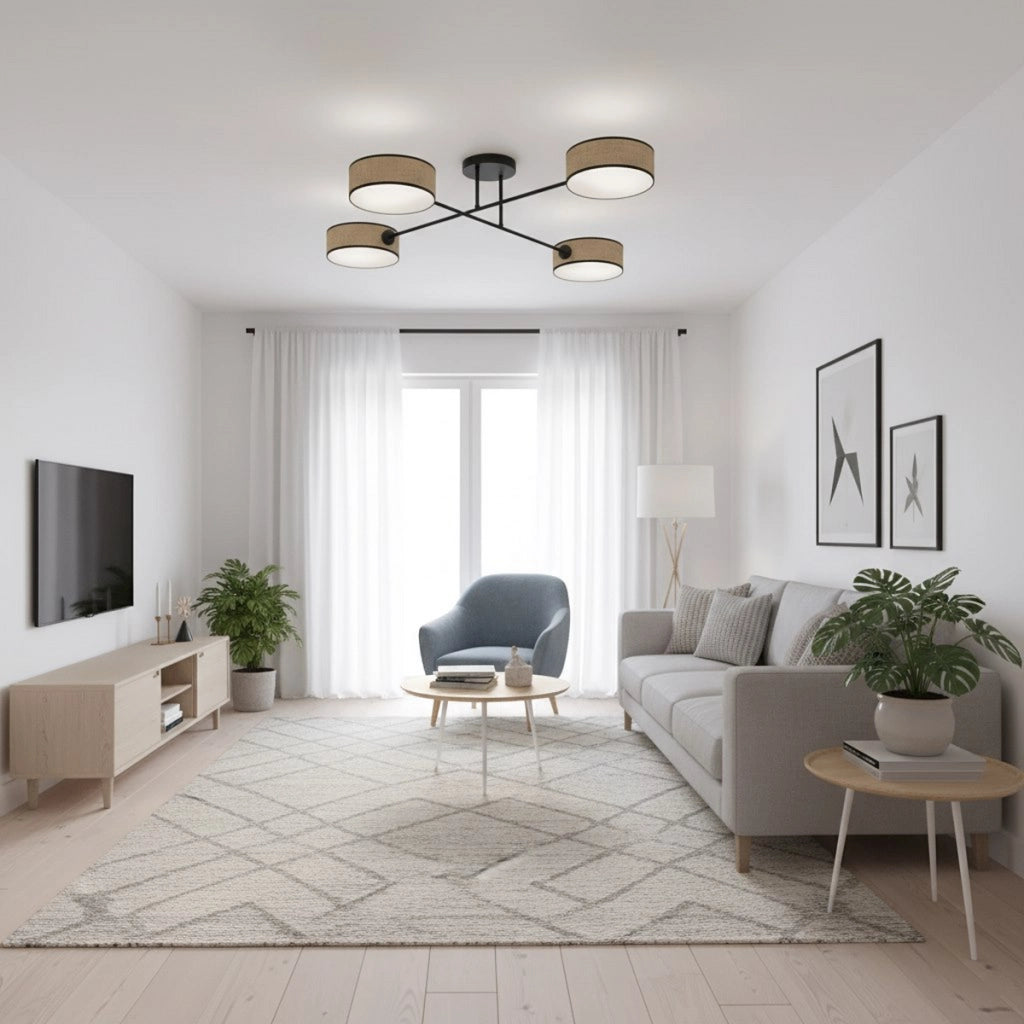 Lampada a sospensione Maga a quattro bracci in acciaio e rattan