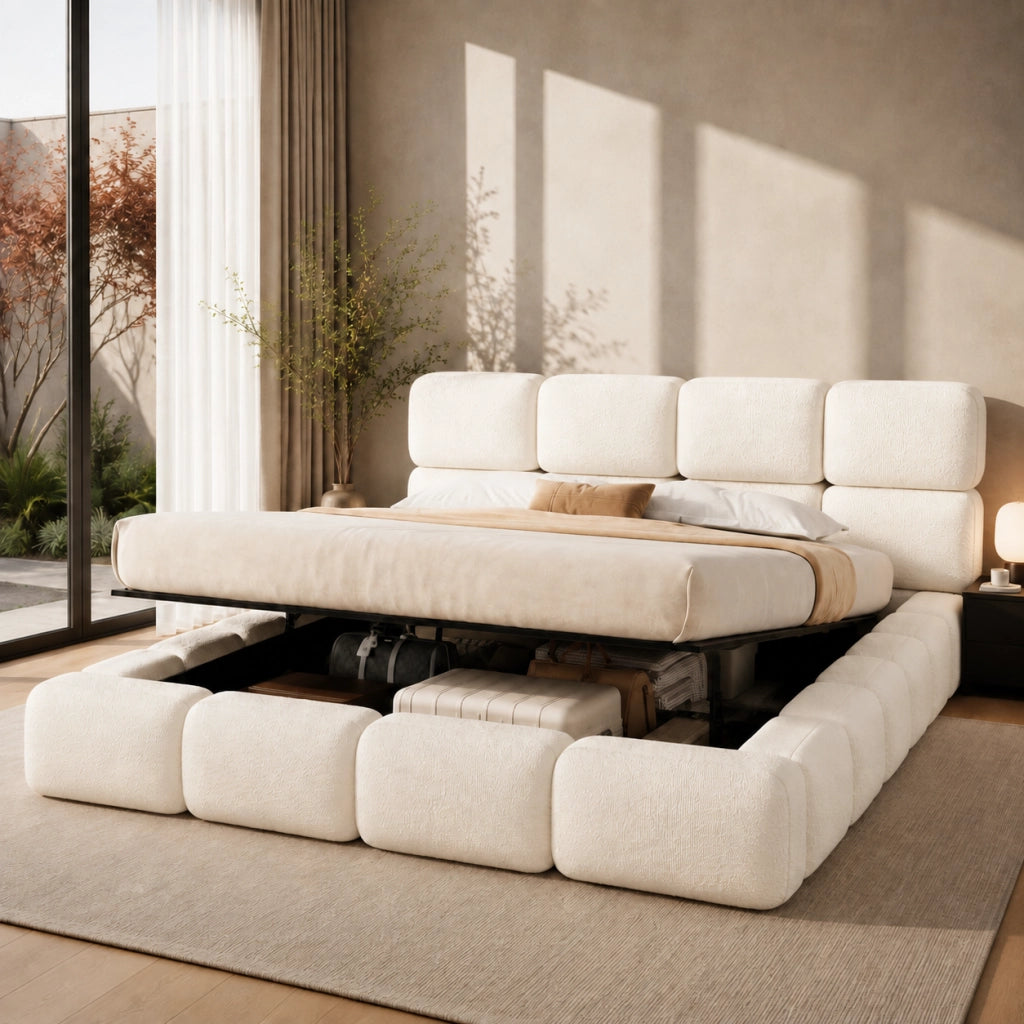 Letto matrimoniale contenitore imbottito 200x200 cm design nuvola bubble con ampio vano; bouclé bianco