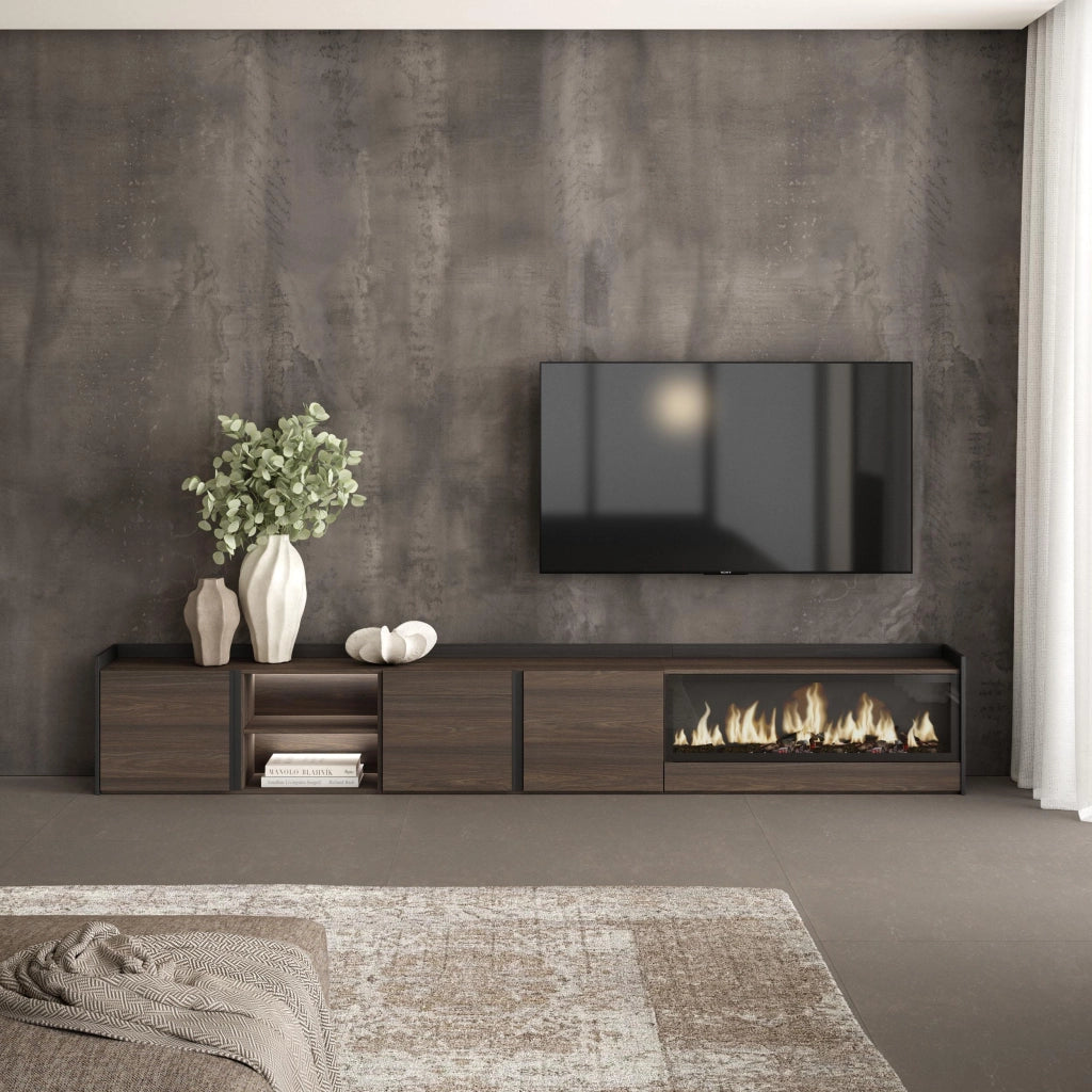 Mobile TV Soggiorno, 315x50x35 cm, Per TV fino a 80", Camino elettrico XXL, LED, Rovere scuro e Nero