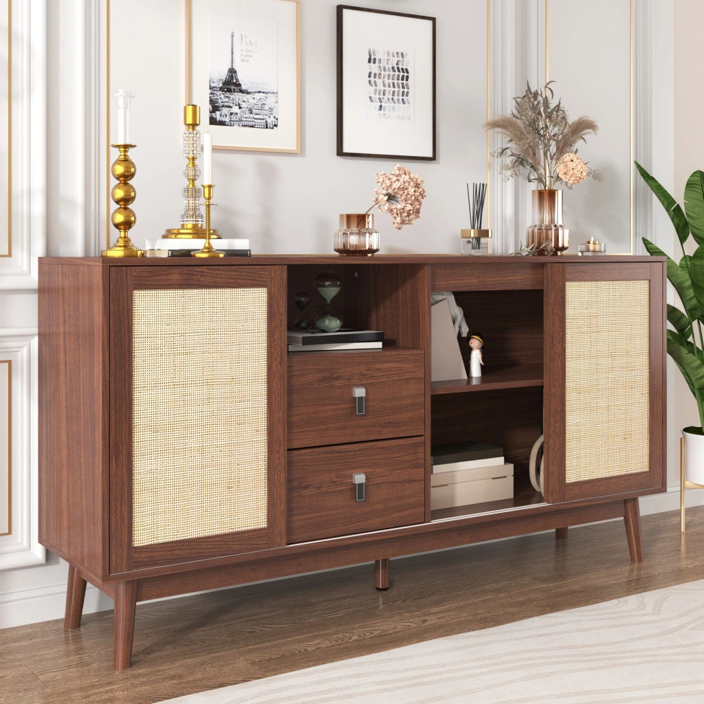 Credenza con 3 Ante Scorrevoli in Rattan e 2 Cassetti; Stile Naturale; in MDF; 155??38??80 cm; Legno