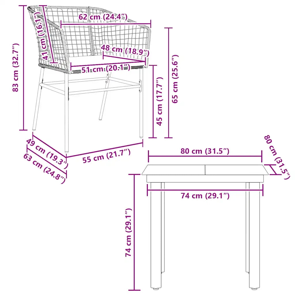 Set da Pranzo da Giardino 3pz con Cuscini Polyrattan Vetro