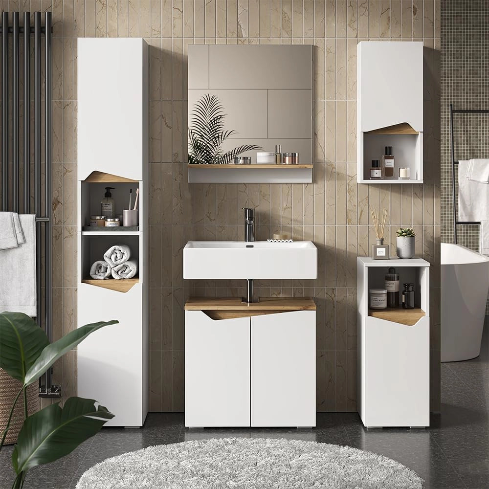 Set di mobili da bagno Marelle, Bianco, 80 cm, composto da mobile lavabo, pensile a specchio, colonna e base media
