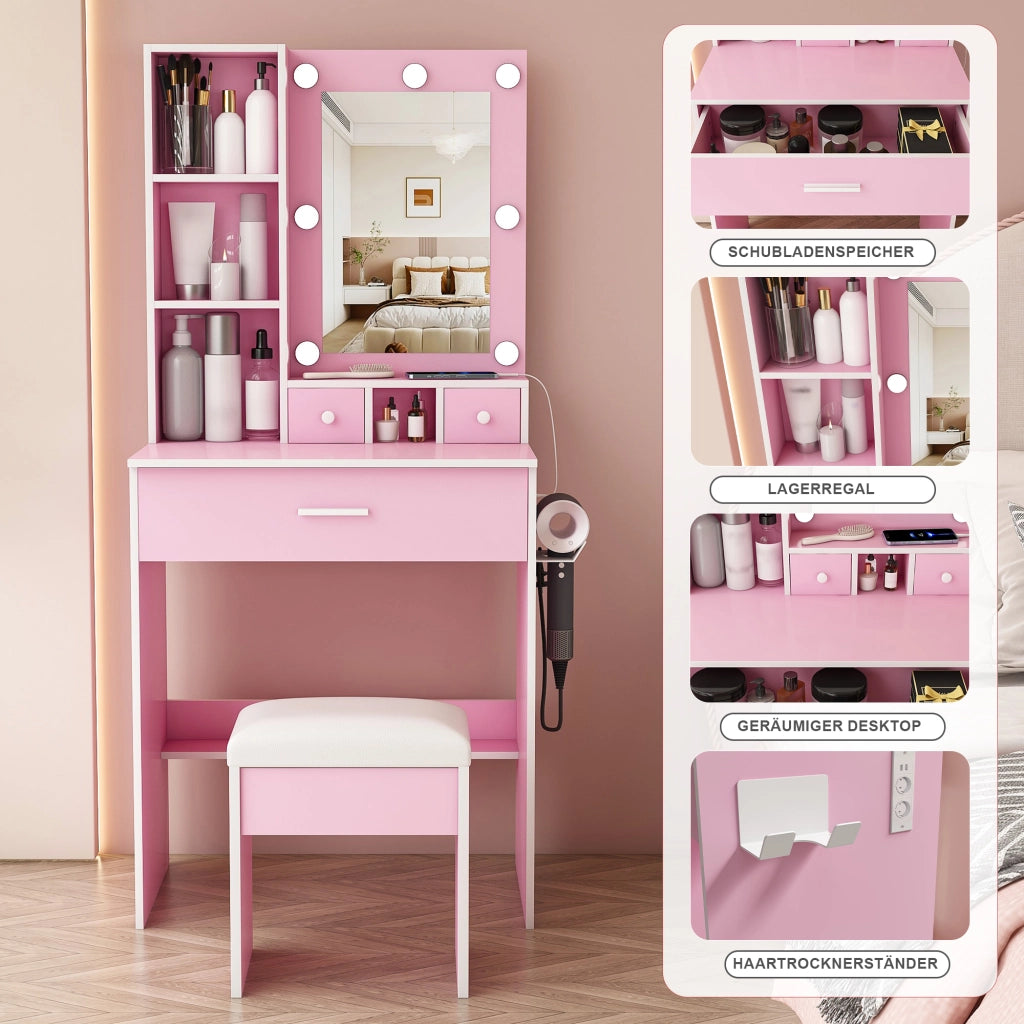 TOELETTA con specchio LED, presa e sgabello, 60 x 131,5 x 38 cm, MDF rosa