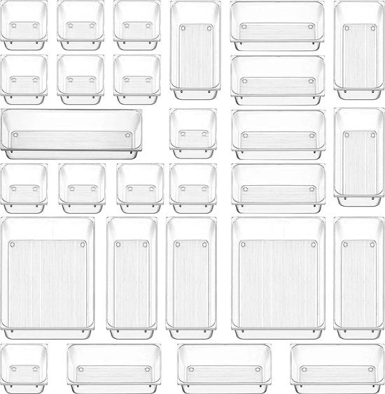 Sistema di archiviazione per carico - 28 pezzi - plastica trasparente - organizzatore di cassetto multifunzionale - antiscivolo - organizzatore per tavolo da trucco - cucina bagno ufficio