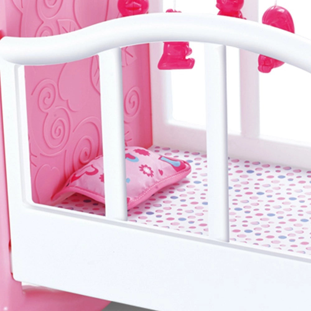 Trade Shop - Culla Per Bambole Lettino Culletta Bambolotto Con Giostrina E Accessori Pappa -