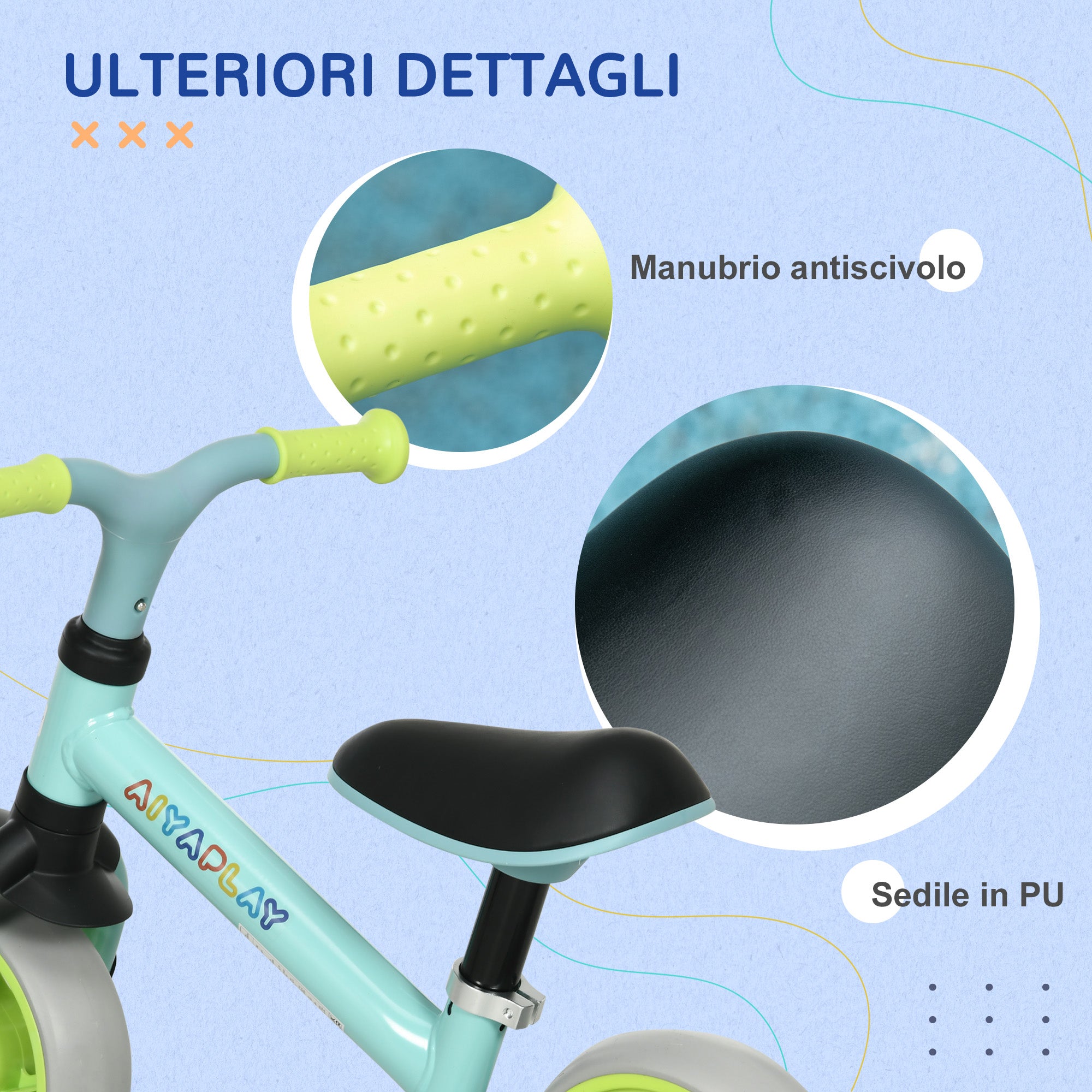 Bicicletta Pedagogica per Bambini Senza Pedali 66,5x34x47 cm in Acciaio PP PU e TPR Turchese