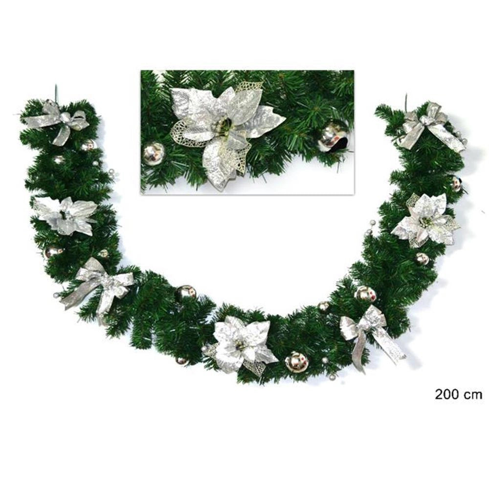Trade Shop - Ghirlanda Natalizia Stella Natale Fiori Palline Fiocchi 200cm Decorazioni Silver -