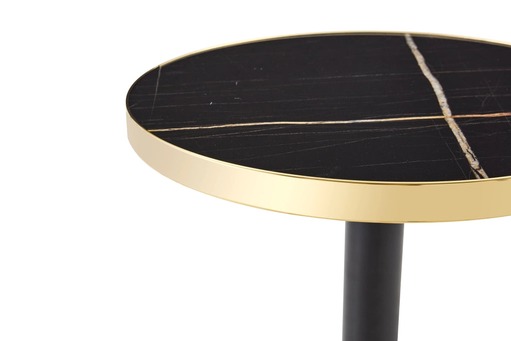 Consolle rotonda in MDF e metallo con piano effetto marmo e bordo dorato, per soggiorno e camera da letto, nero, Ø 60 cm × 73,7 cm