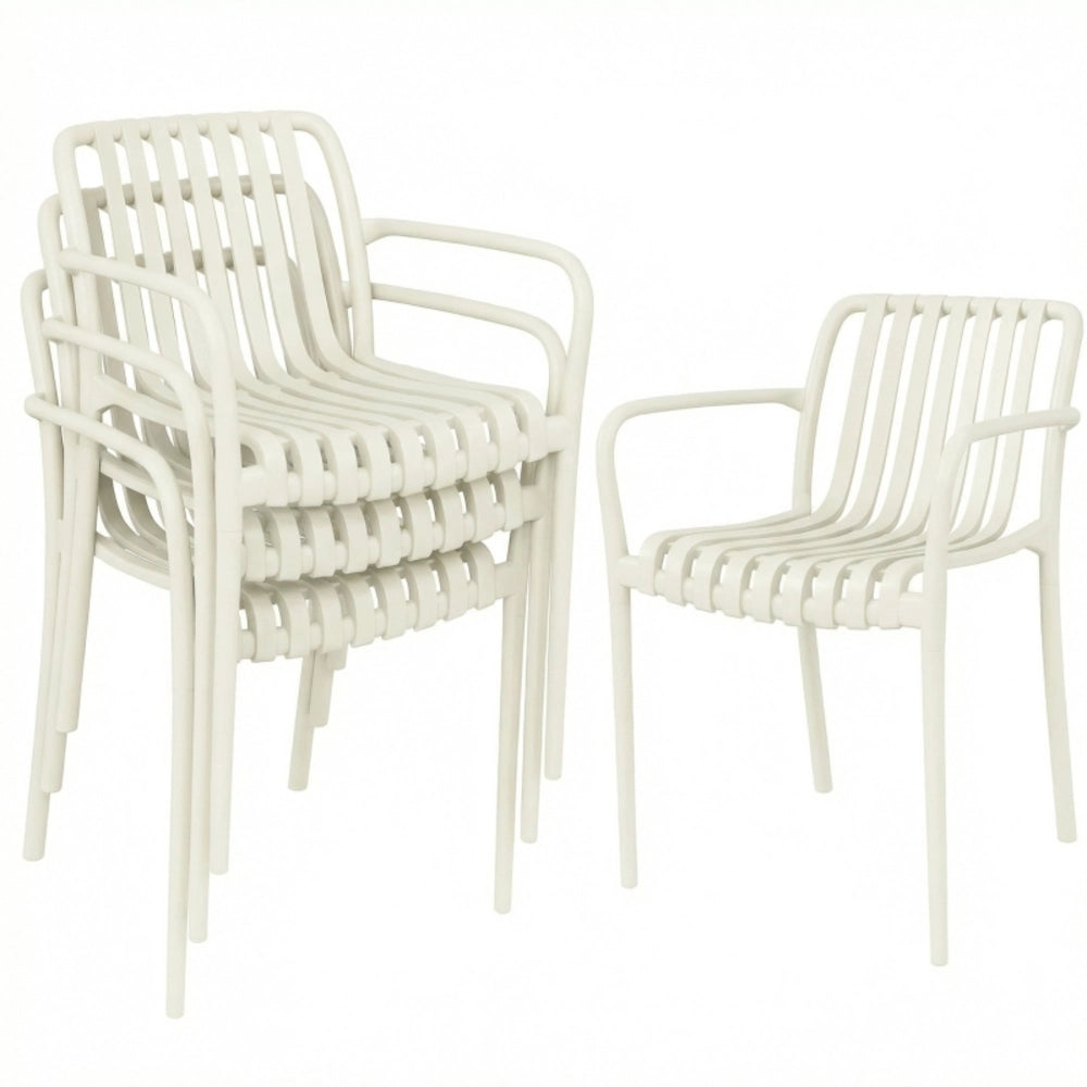 Set di 4 sedie da giardino impilabili con braccioli, design a lamelle, ergonomiche, bianco crema
