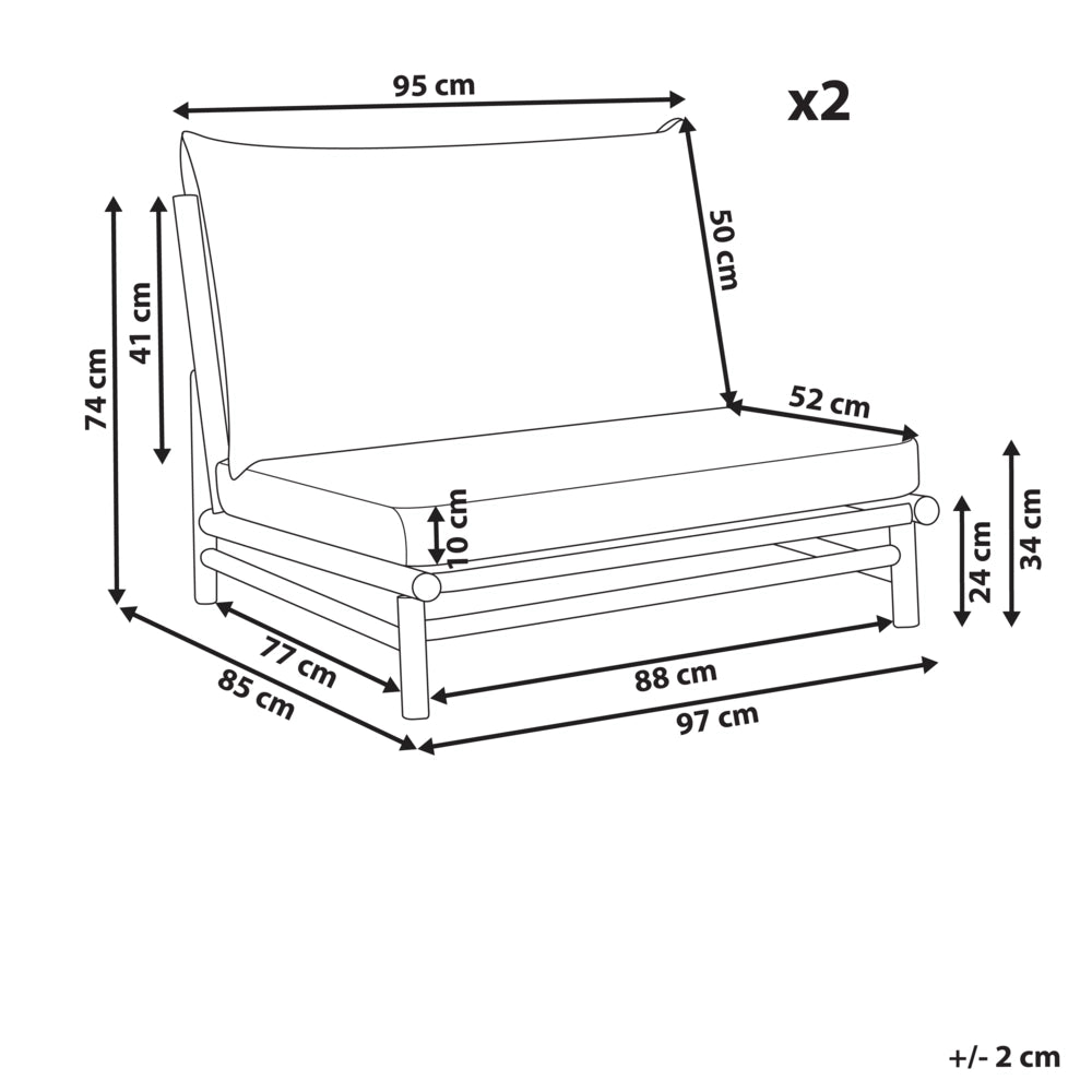 Set di 2 sedie in legno da giardino in bambù con cuscini bianco sporco interno ed esterno stile moderno rustico