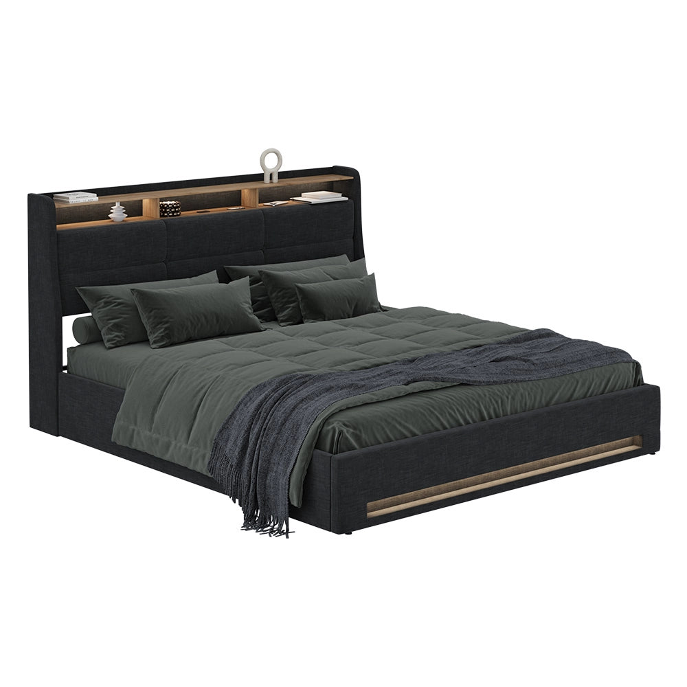 Vitalispa Letto imbottito Antracite/quercia 180x200 con LED e porta USB