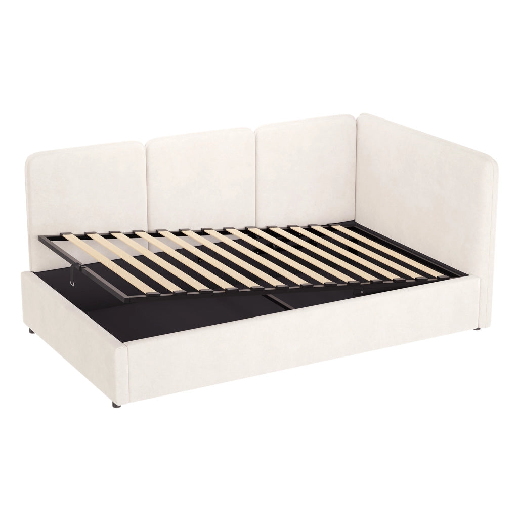 Letto imbottito 90x200 cm con contenitore idraulico in velluto beige