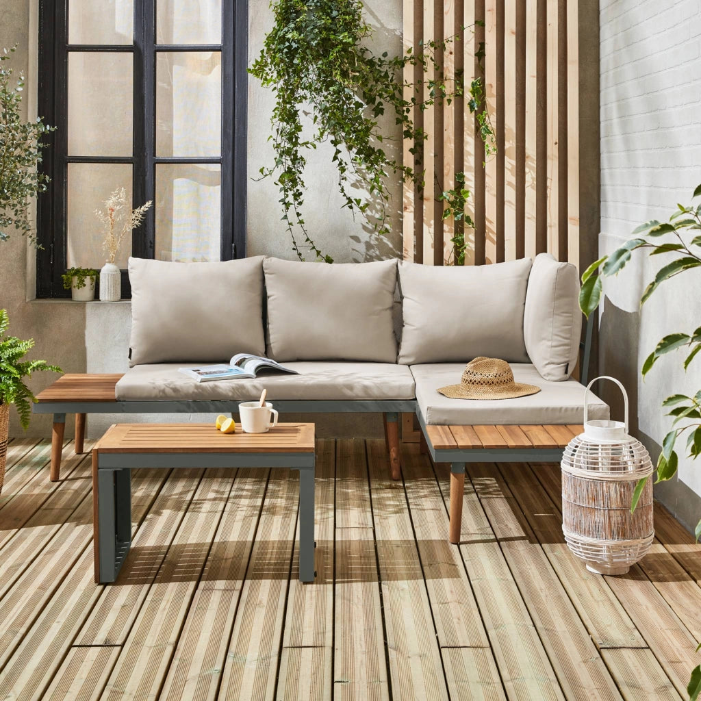 Salotto da giardino in alluminio e acacia,  4 posti, kaki
