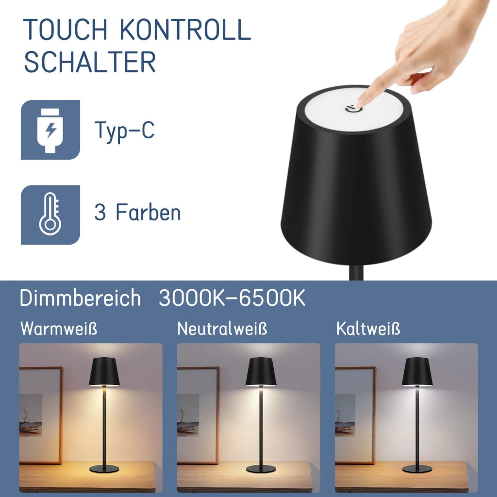 ZMH Lampada da tavolo LED wireless nera batteria 2600mAh touch ricaricabile USB per esterno camera letto
