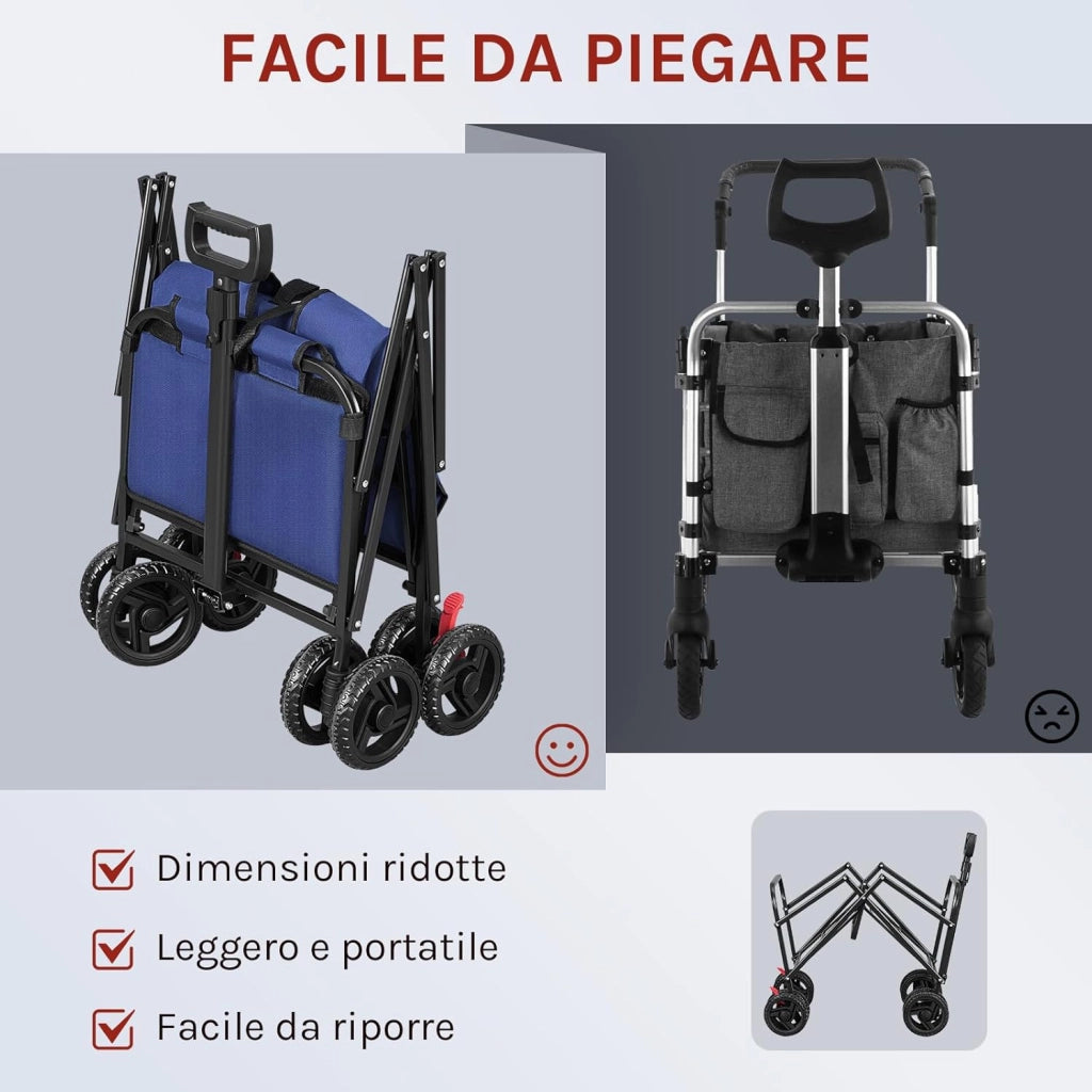 Carrello Pieghevole con 4 Ruote Doppie, Campeggio, Viaggio, Giardino, Spiaggia, Oxford+Metallo, Blu