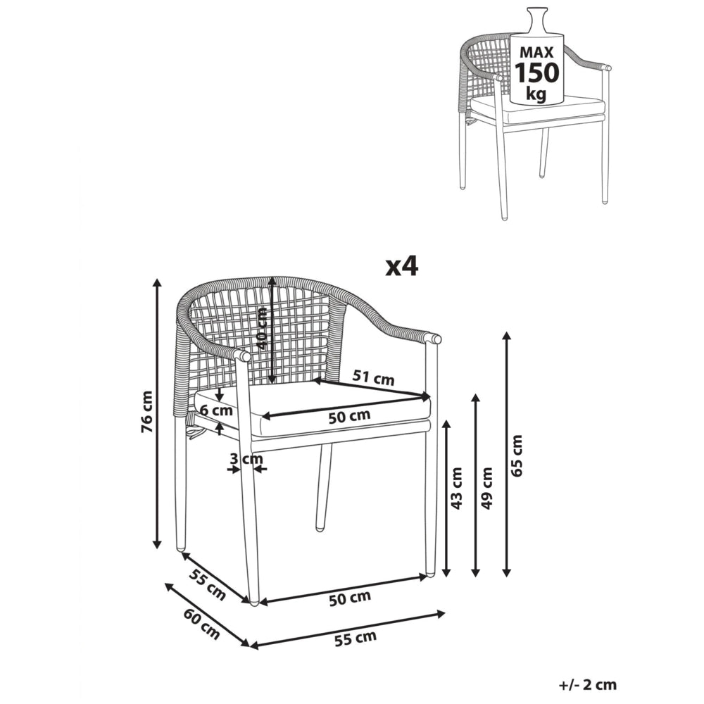 Set di 4 Sedie da Giardino Impilabili in Alluminio Nero e Rattan PE con Cuscini Beige per Esterni