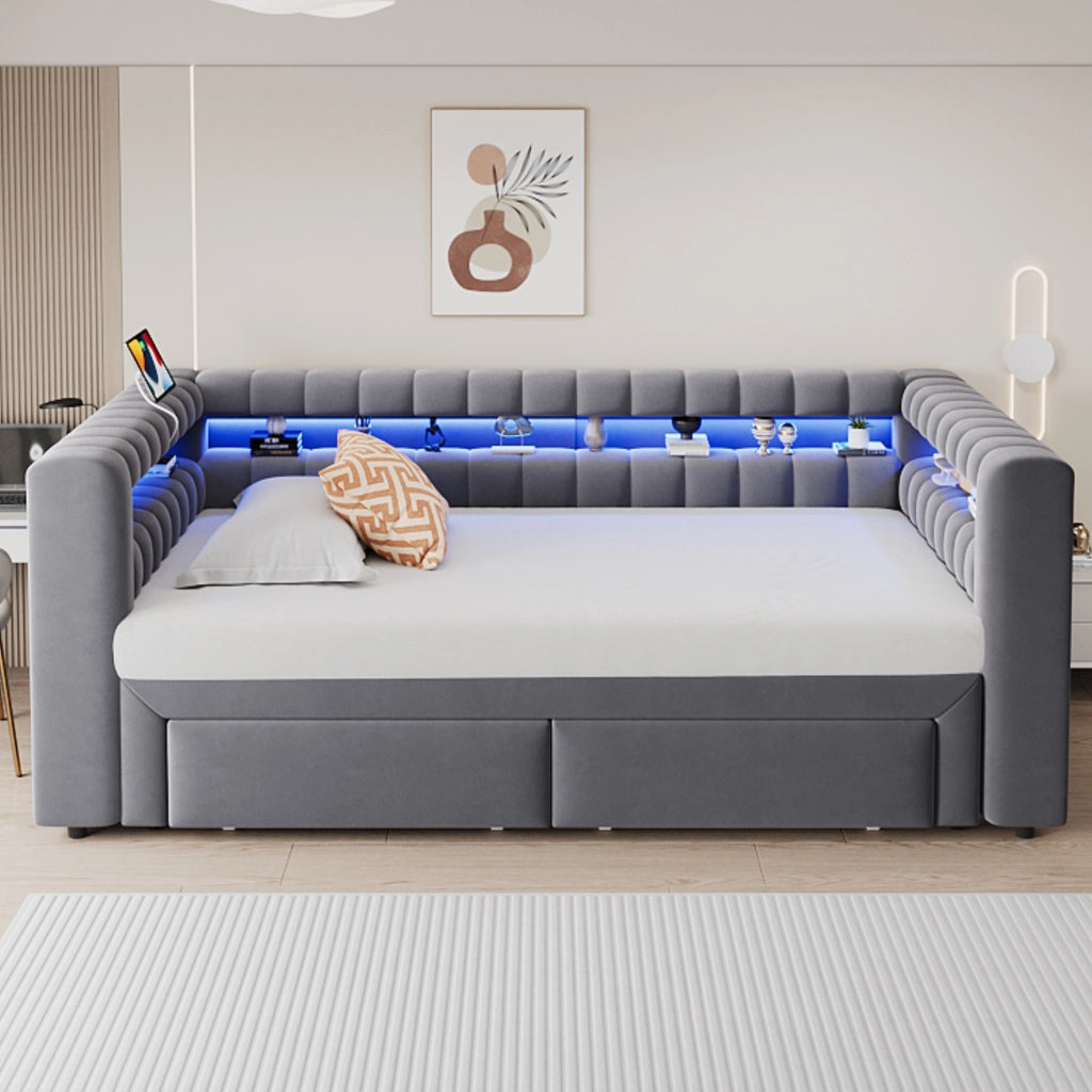 DESMIU Divano letto 90 × 190 cm 1 posto con cassetti, vani portaoggetti, LED, USB e Type-C, senza materasso, grigio