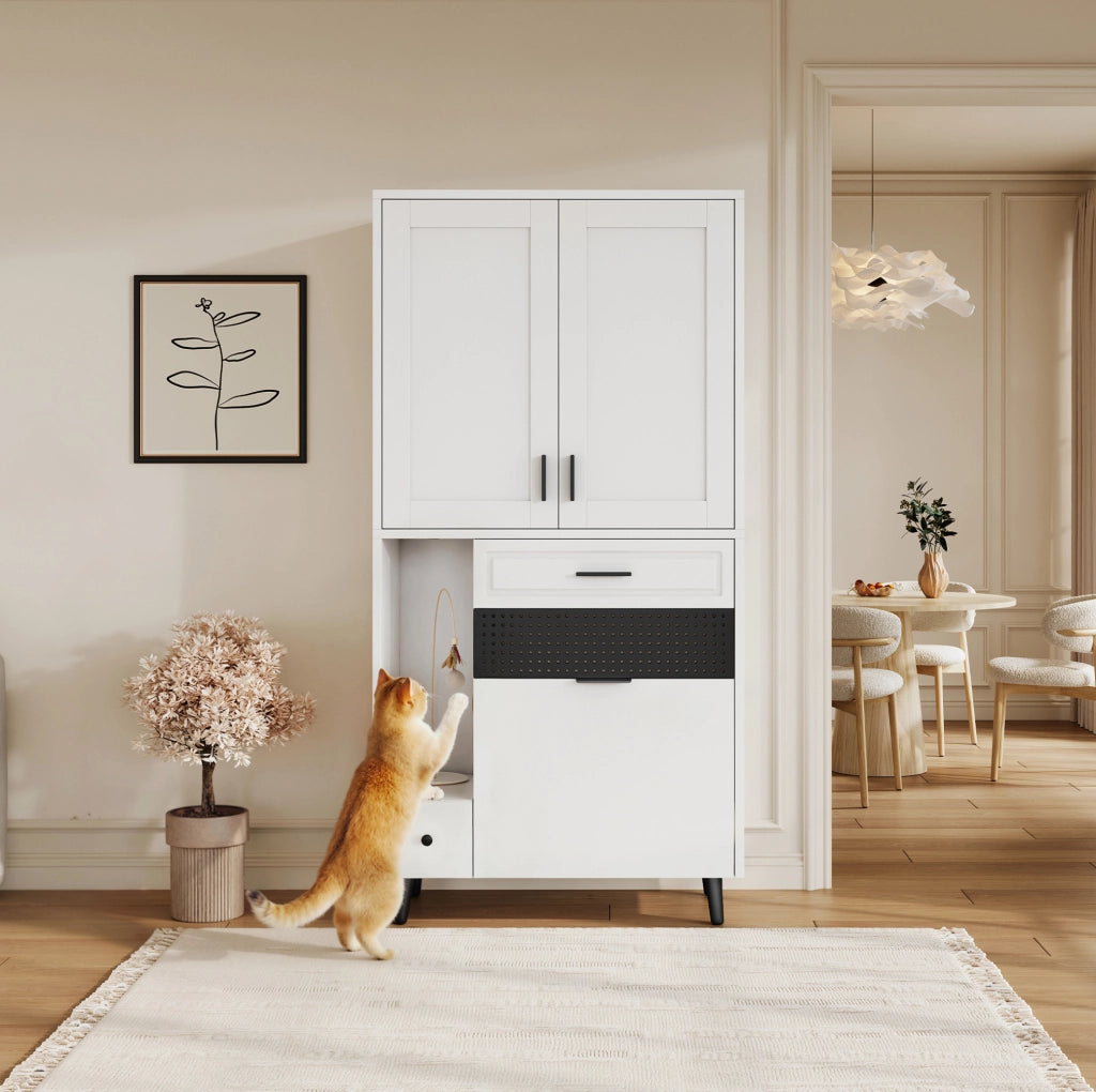 Armadio multifunzione per gatti 80x40x161 cm con ripiani regolabili; cassetti; legno ingegnerizzato bianco