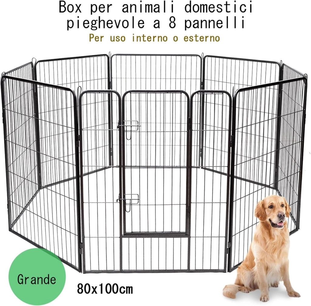 Recinto per Cani da Interno ed Esterno, Recinzione per Animali Domestici con 8 Pannelli di Metallo, Box per Cani, Gatti e Conigli (80 x 100 cm)