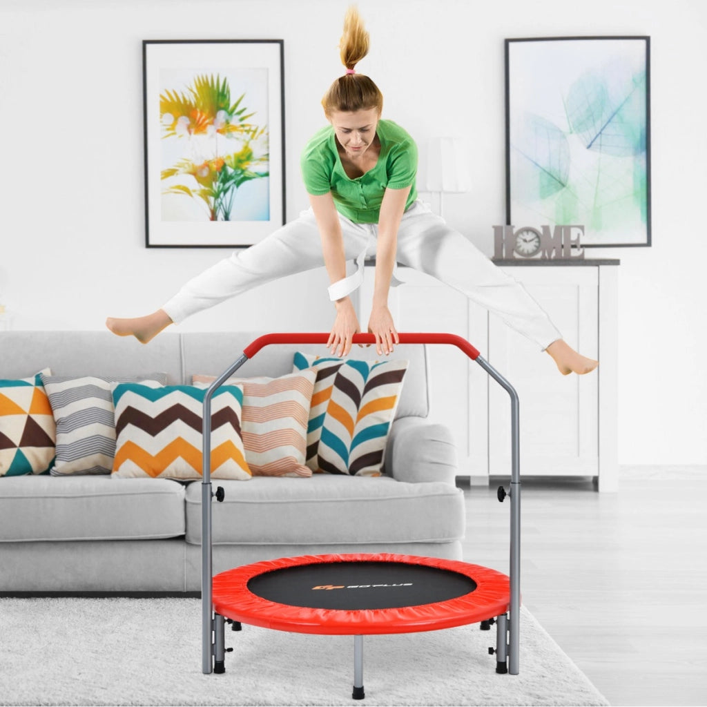 Trampolino fitness per adulti e bambini con maniglia regolabile, Mini trampolino pieghevole 101x101x122cm Rosso-Trampolini