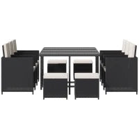 Set 11 PZ Mobili da Giardino in Rattan da Esterno con Tavolo in Vetro Temperato e Cuscini, Set da Pranzo, Nero
