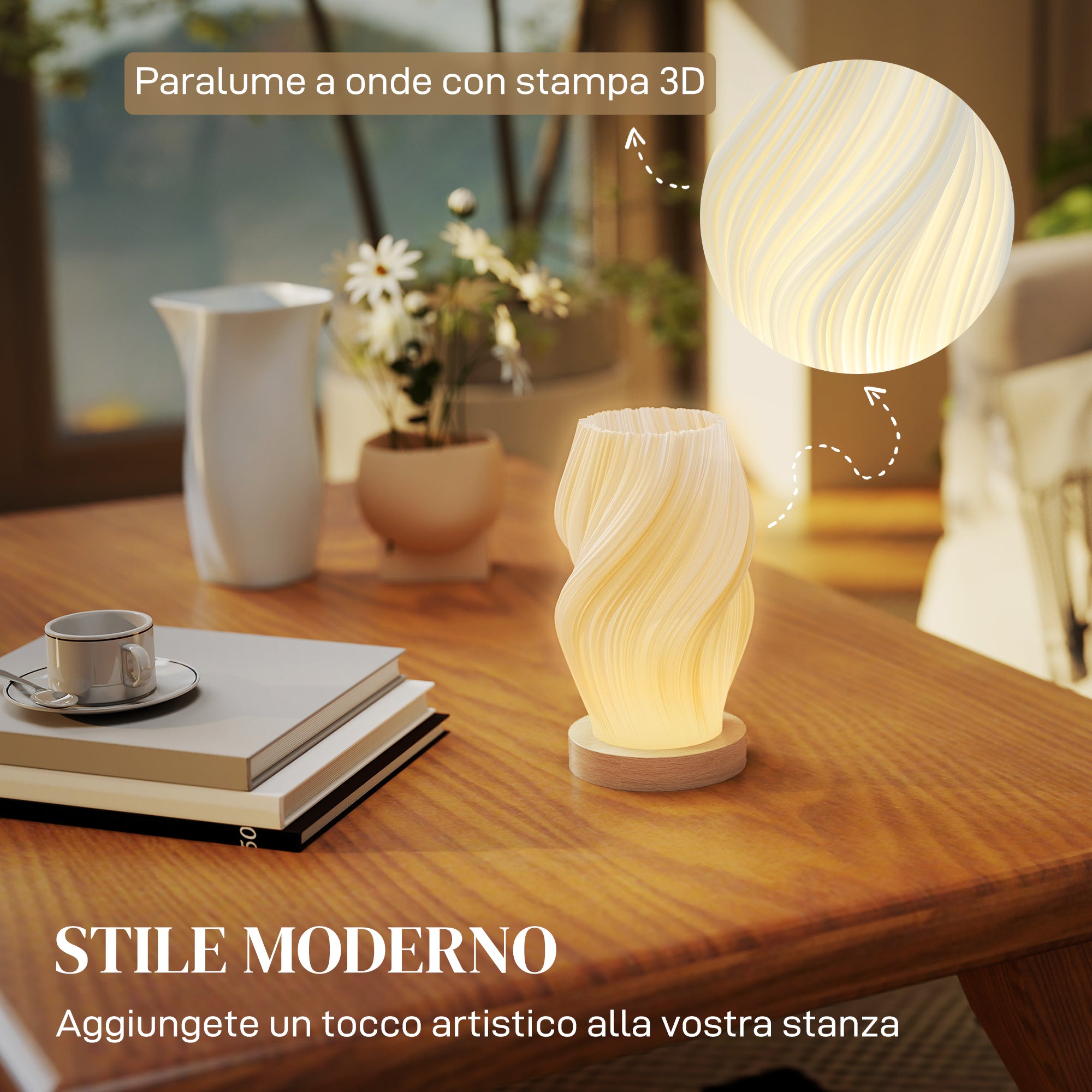 Lampada da Tavolo Ondulata a 3 Tonalità Ø12x20 cm con presa USB in ABS e Caucciù Bianco