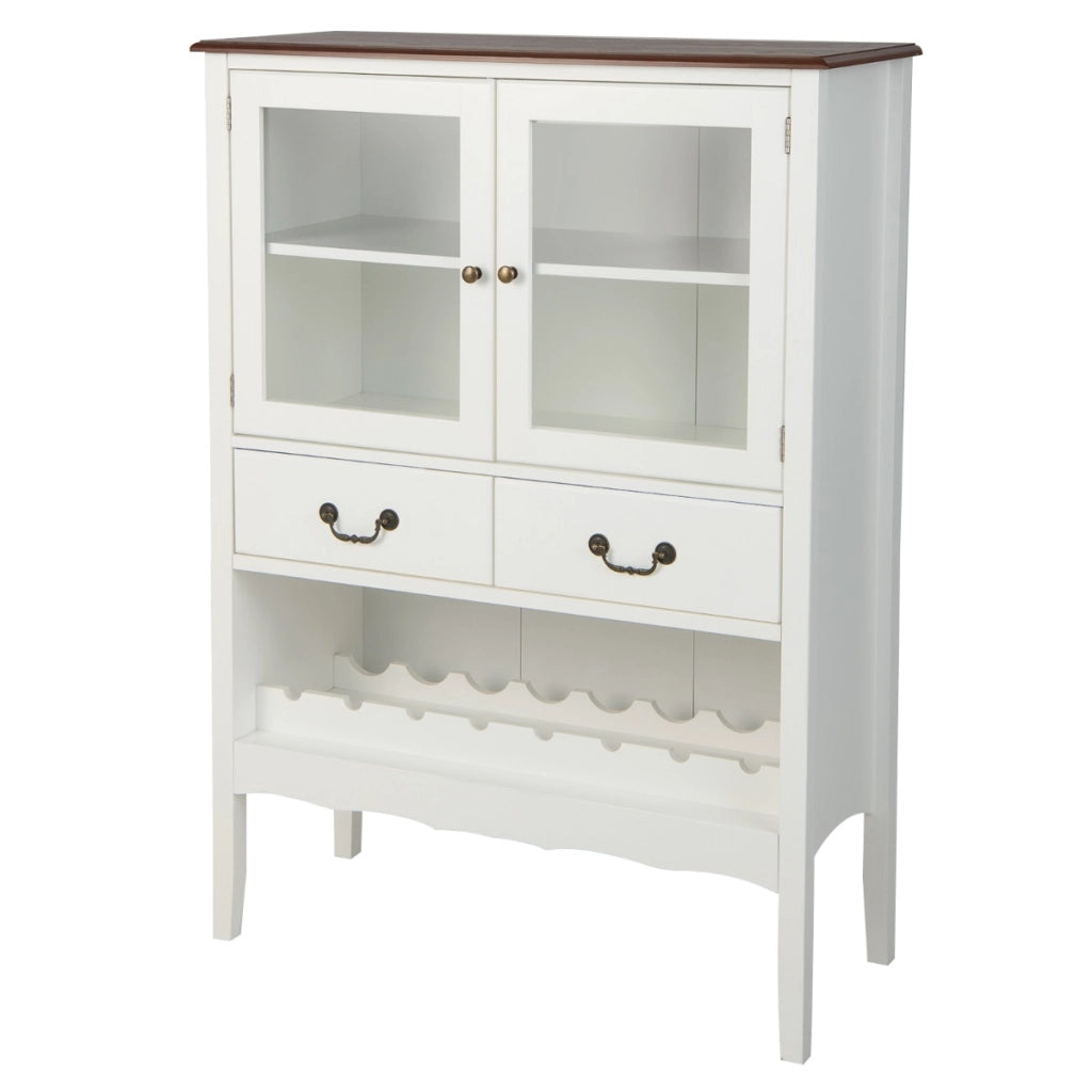 Mobile contenitore indipendente con 2 porte in vetro 2 cassetti, Stazione bar ad angolo per sala da pranzo Bianco-Credenze buffet