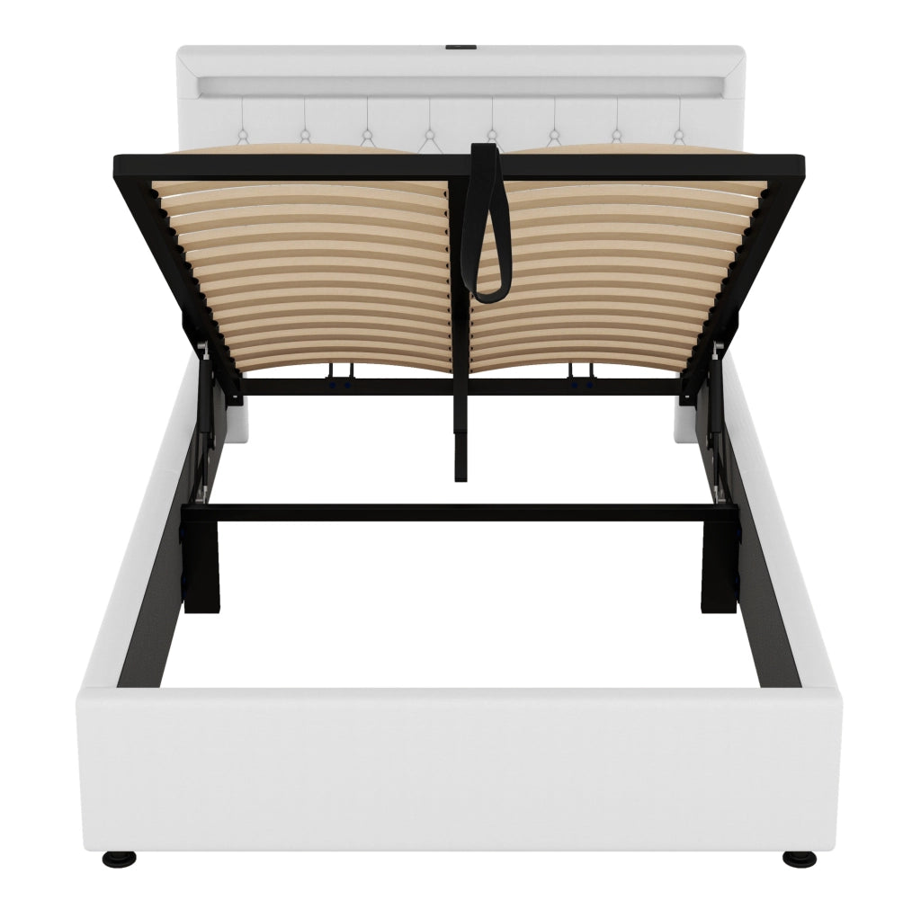Letto imbottito 140x200 cm con contenitore, LED integrato e porte USB e USB-C