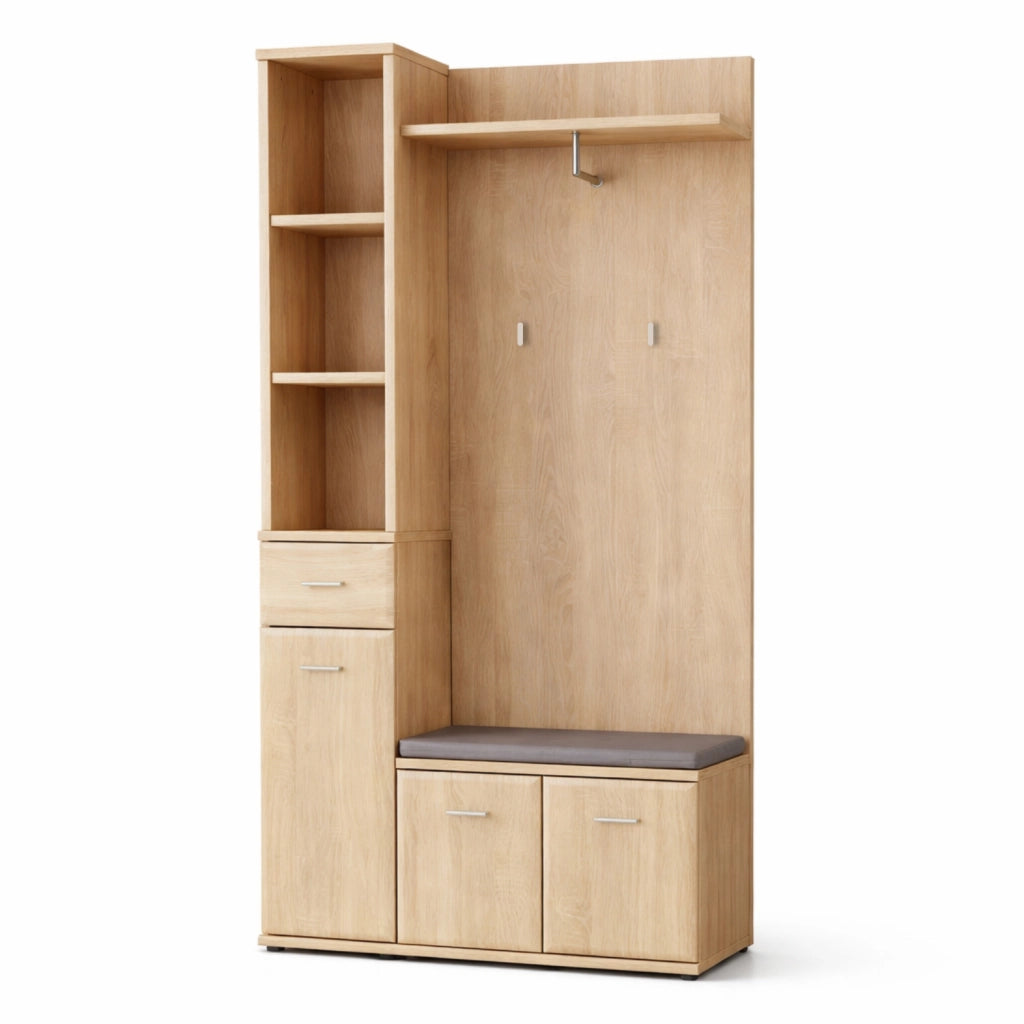 Set Ingresso E Panca Portascarpe Appendiabiti Mobile Entrata Vani Ripiani Contenitore Multifunzione Salvaspazio Per Corridoio Casa Design Moderno 90 x 32 x 203 Cm Rovere