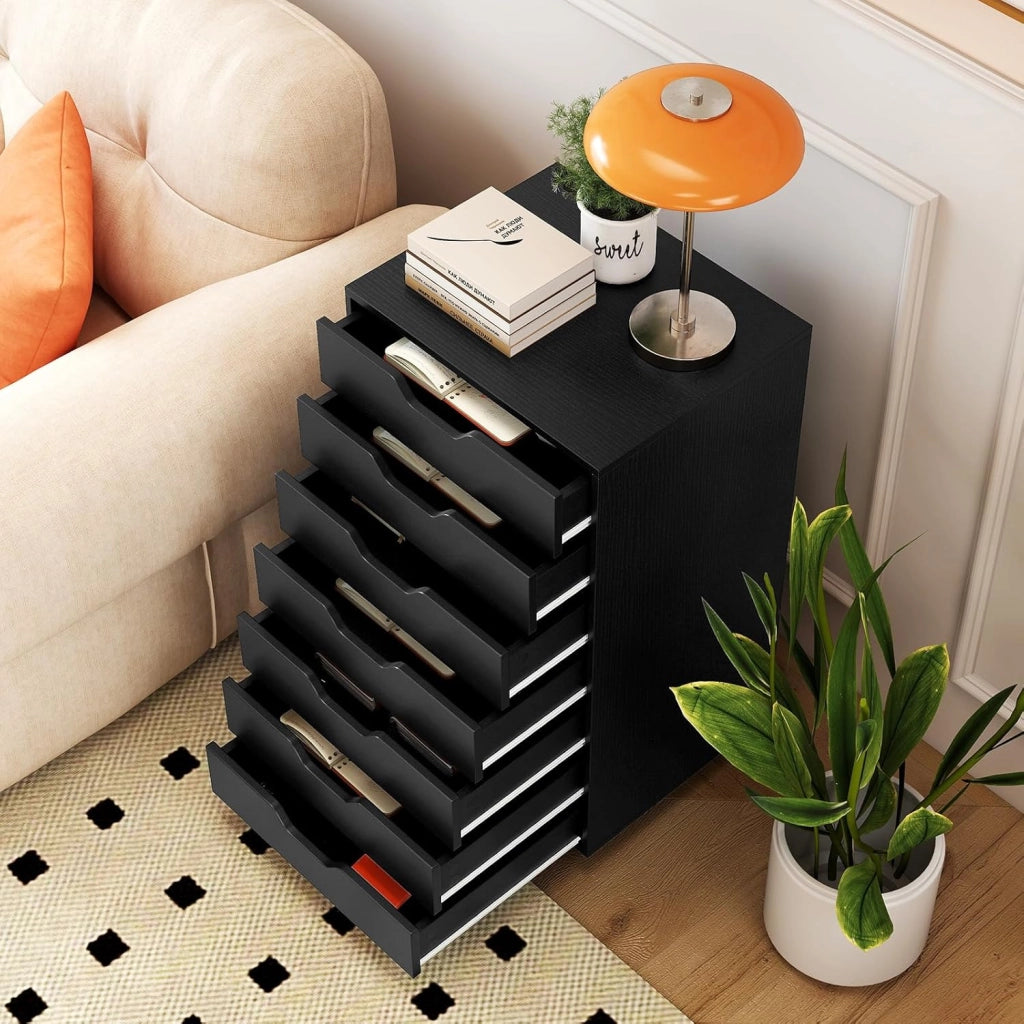 Cassettiera da Ufficio con 7 Cassetti, Mobiletto per Documenti con 4 Ruote Girevoli, Cassettiera da Scrivania in Legno per Ufficio e Soggiorno, 49 x 40 x 87 cm (Nero)