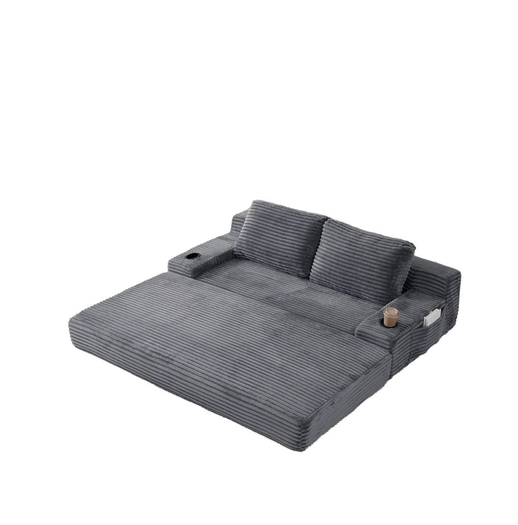 Divano Letto 2-in-1 in Velluto a Coste con Portabicchieri e Tasche Laterali