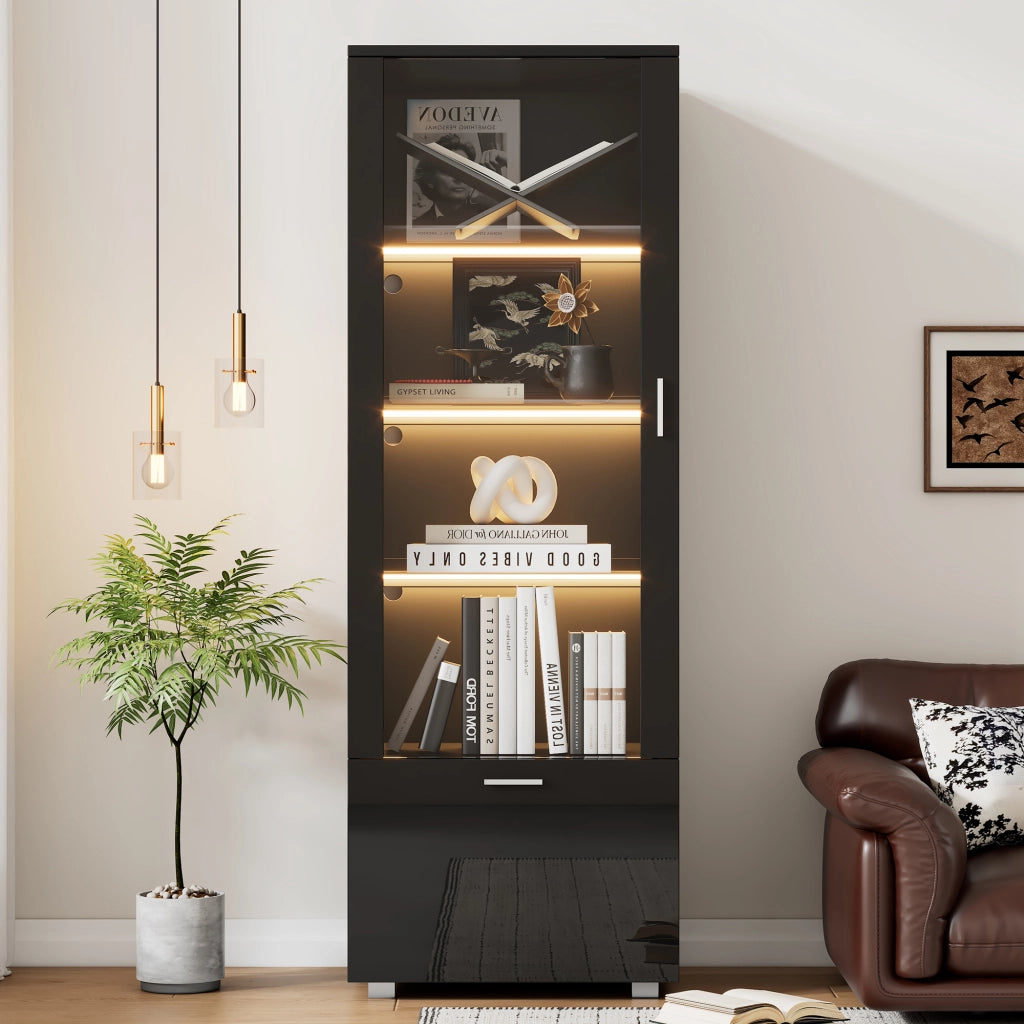Vetrina con 3 ripiani, ante in acrilico e LED con telecomando, per soggiorno e studio, nero, 40 × 50 × 160 cm