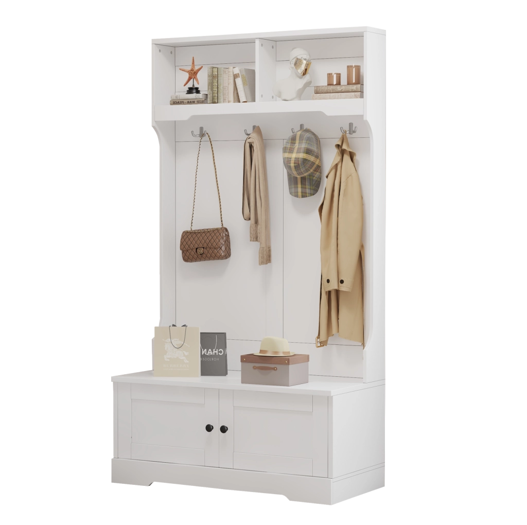 Mobile ingresso bianco con panca; 4 ganci e 2 vani aperti; 101;5 x 183 cm; in truciolare