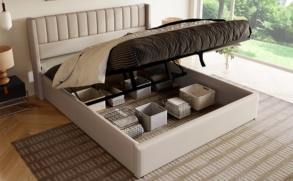 Letto matrimoniale imbottito 140x200 cm con contenitore idraulico, struttura in legno massello e lino, Beige