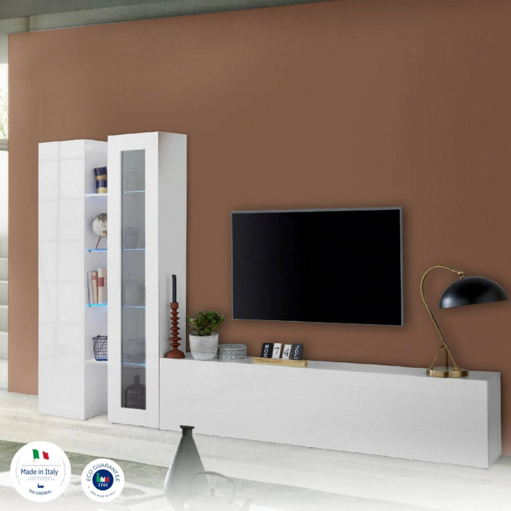 Mobile Soggiorno Arin, Parete Attrezzata 13 Ripiani Made in Italy, 280x30x180h cm Bianco Lucido