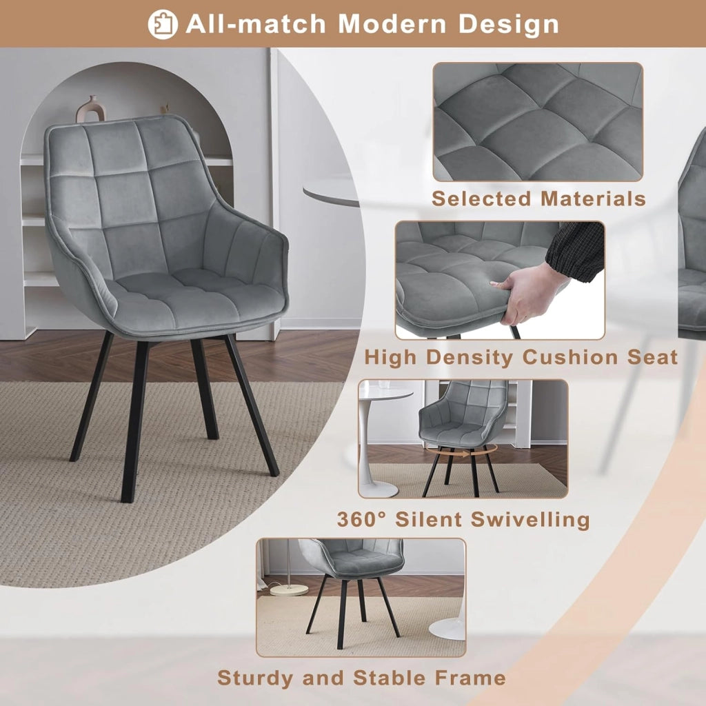 Set di 4 Sedie Sala da Pranzo, Sedie Cucina con Braccioli e Schienale, Poltroncine Girevoli con Gambe in Metallo, in Velluto, per Camera da Letto, Soggiorno, Grigio Scuro