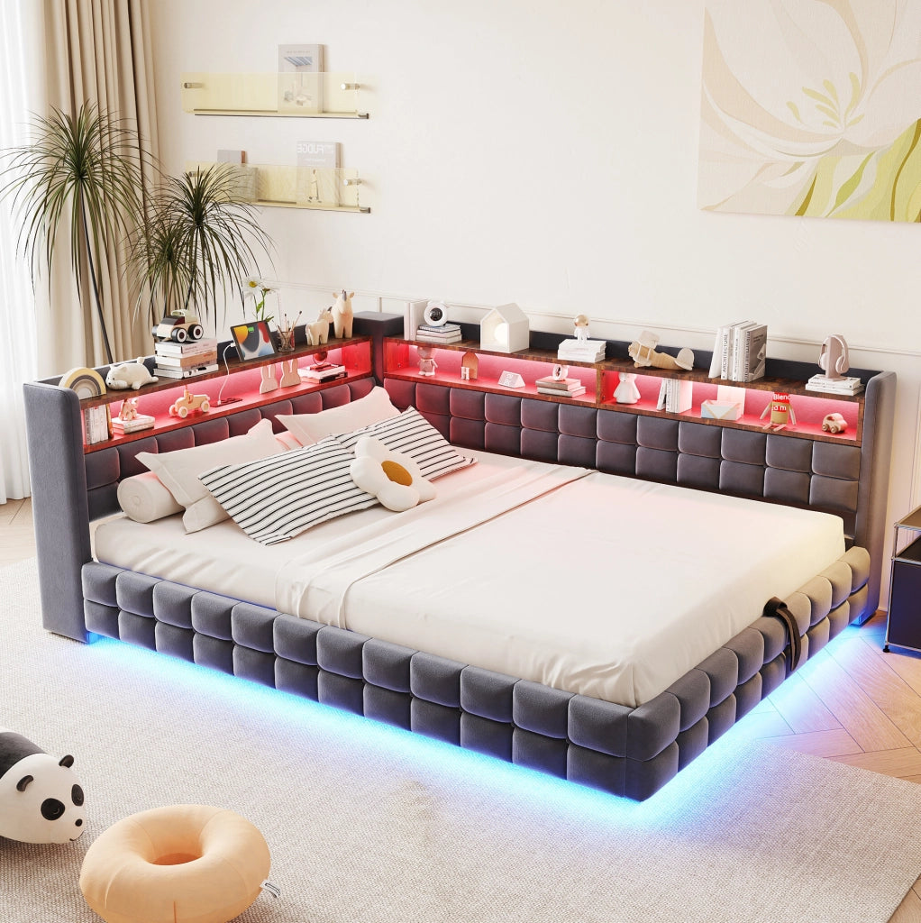 Letto imbottito multifunzionale 140 x 200 cm grigio con vano idraulico e LED