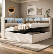 Letto da giorno imbottito ULEVR 140x190 cm con contenitore idraulico, LED, USB e Type-C, velluto beige