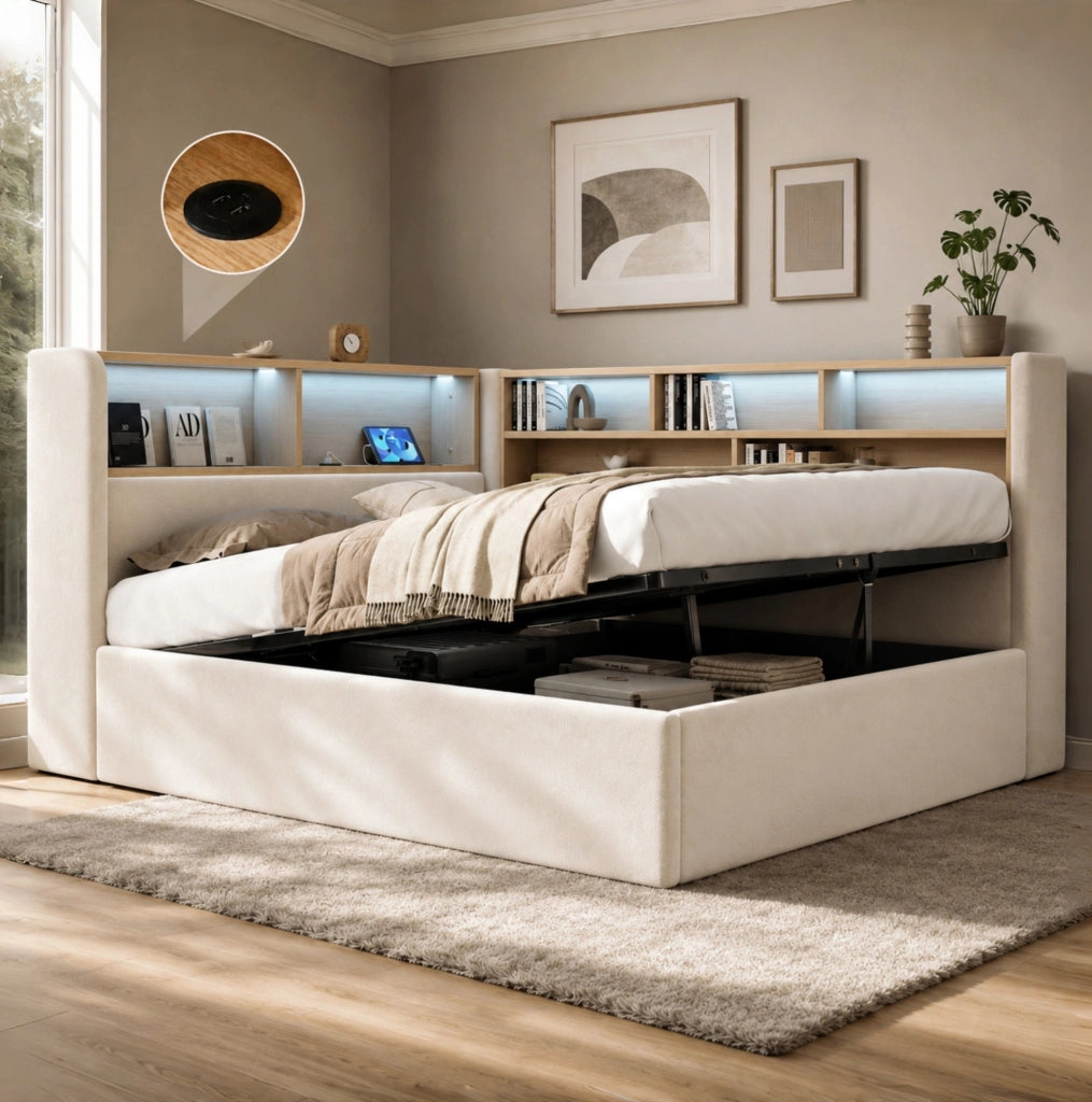 Letto da giorno imbottito ULEVR 140x190 cm con contenitore idraulico, LED, USB e Type-C, velluto beige