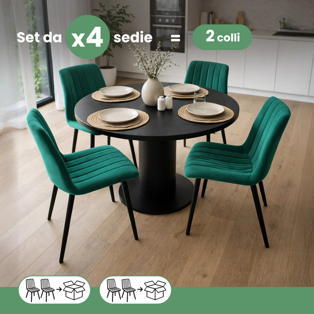 Set di 4 Sedie in velluto trapuntate LIVO Verde Bottiglia gambe nere