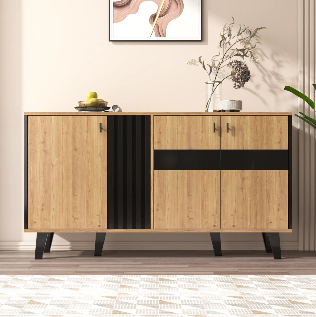 Credenza 140x78.5x41 cm con 3 ante; ripiani e LED; vetro e pannello truciolare