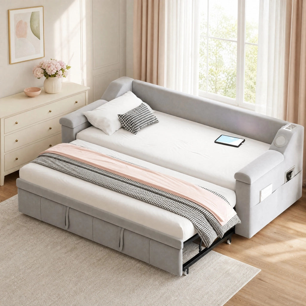 Divano letto imbottito convertibile 90/180x190 cm con Bluetooth, porte USB, vani portaoggetti e rete a doghe, grigio chiaro