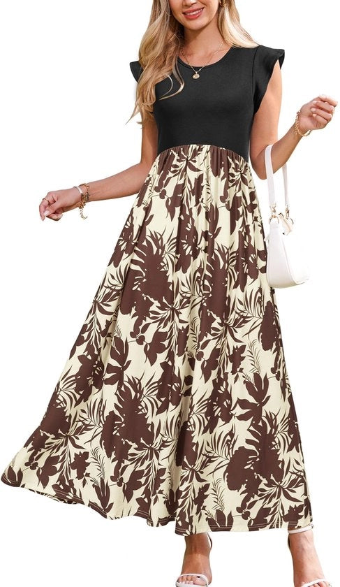 Abito estivo maxi con rilievi - Abito con fiori - Maniche corte - Vita alta con elastico - Con tasche - Finissaggio elegante