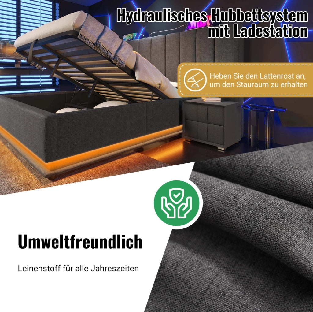 Letto matrimoniale 160x200 cm imbottito in lino grigio con LED 360° e porte USB; con contenitore