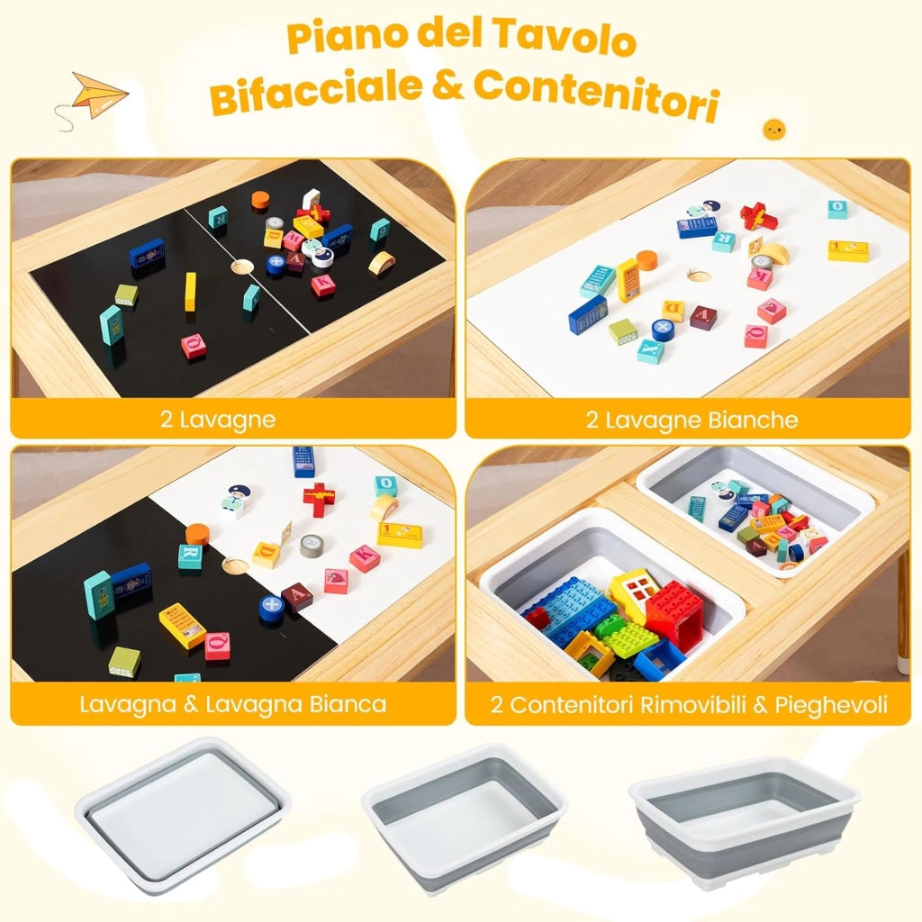 Set Tavolo con 2 Sedie per Bambini 3+ Anni, Tavolo e Sedie con Piano Doppio Lato Rimuovibile e 2 Contenitori, Gambe Robuste in Legno, Tavolo Attività per Gioco e Disegno (con Sedie Rotonde)