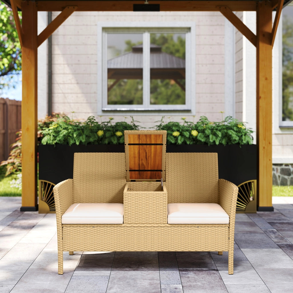Panca da Giardino con Tavolino a Ribalta Portaoggetti 134x58x82 cm in Rattan e Acciaio Crema e Cachi