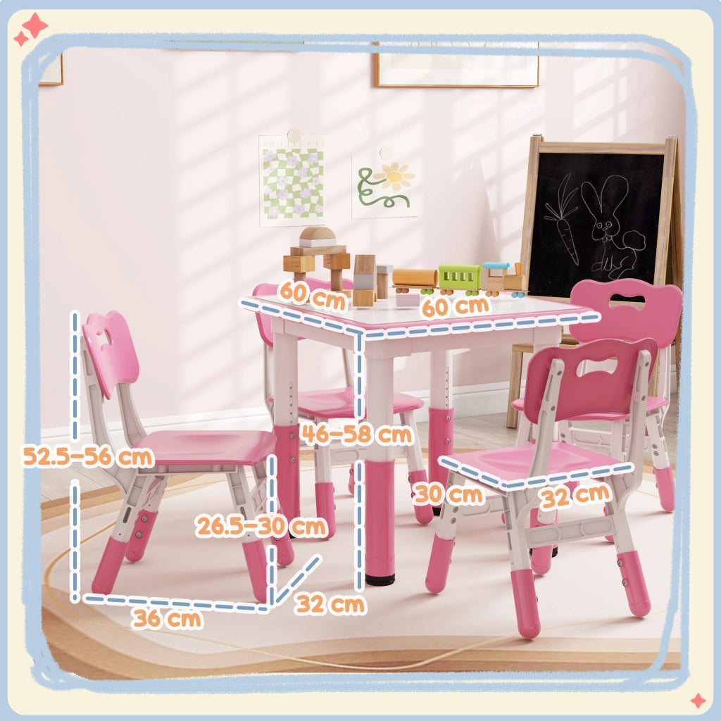 Set Tavolo e Sedie per Bambini 5pz con 4 Sedie Regolabili 32x36x52.5-56 cm e Tavolo 60x60x46-58 cm, Rosa